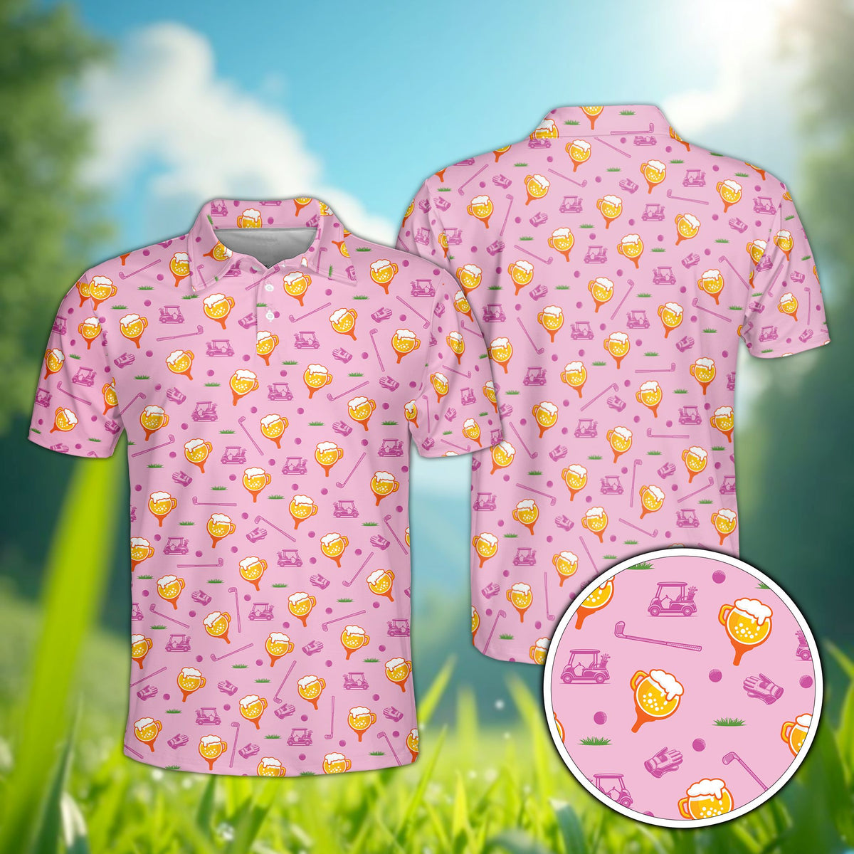 Pink personalized polo shirt with golf and beer print, front view