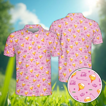 Pink personalized polo shirt with golf and beer print, front view