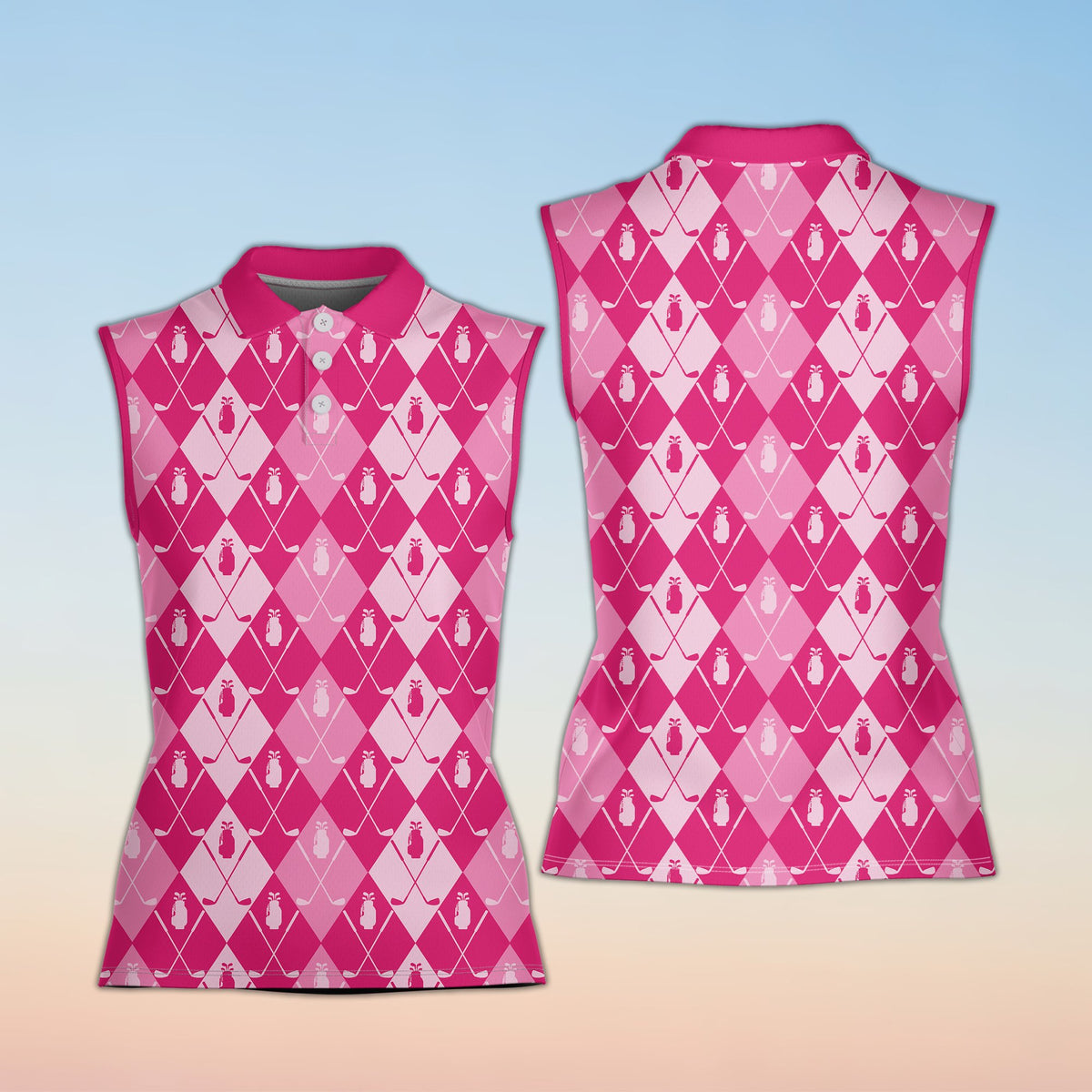 Pink golf polo shirt featuring crossed golf clubs, front view