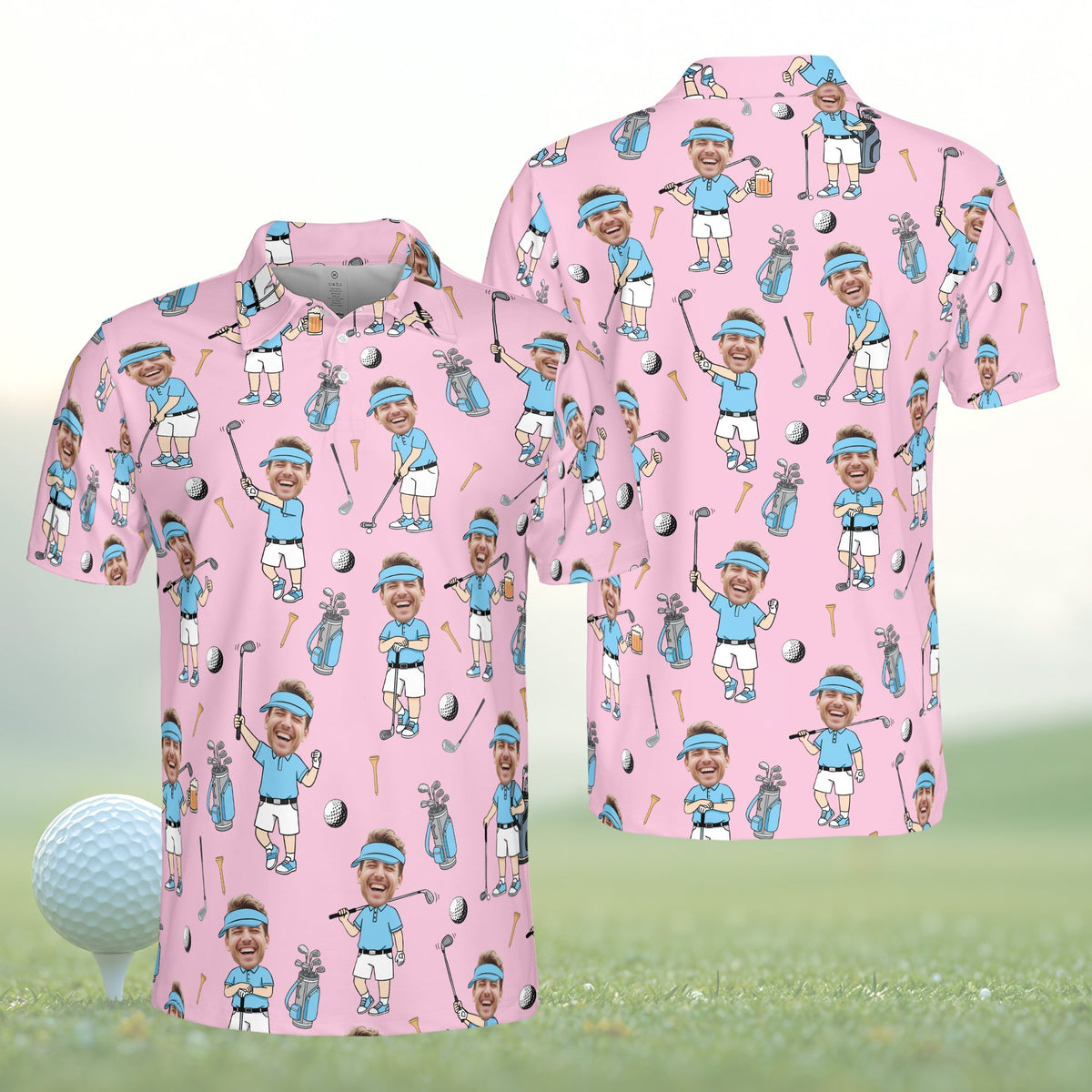 Personalized pink golf polo shirt with custom name and number, front view