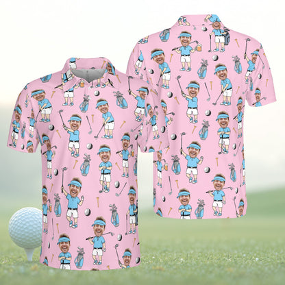 Personalized pink golf polo shirt with custom name and number, front view