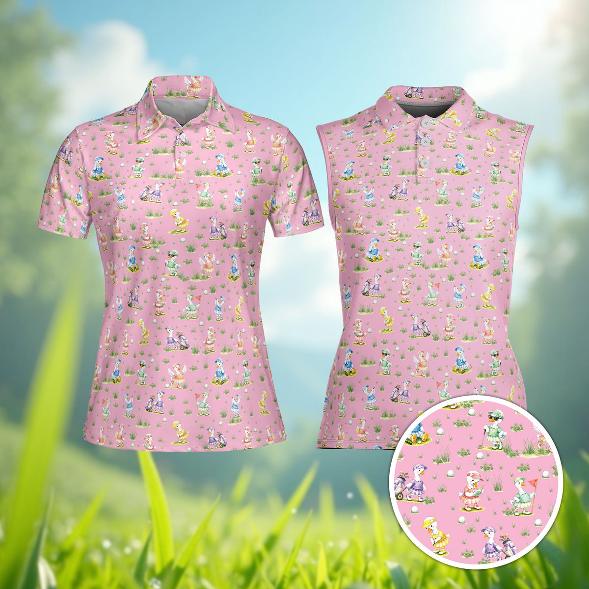 Pink golf polo shirt featuring an all-over print of cartoon ducks playing golf