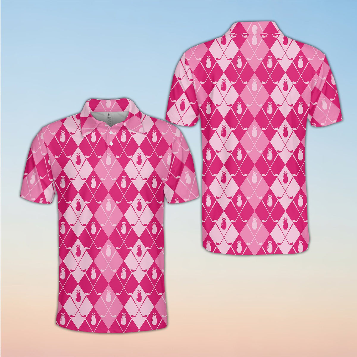 Bright pink golf polo shirt with argyle design, front view