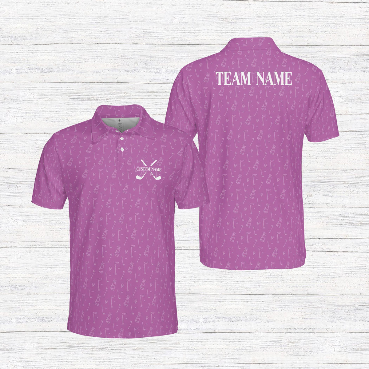 Personalized purple golf polo shirt with crossed clubs, front view