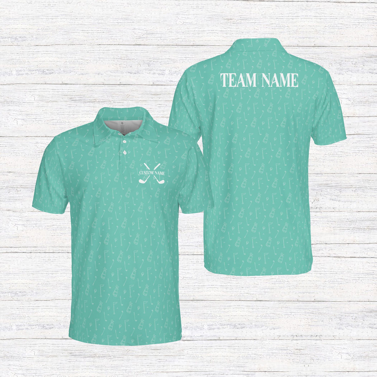 Personalized teal golf polo shirt custom name design, front view