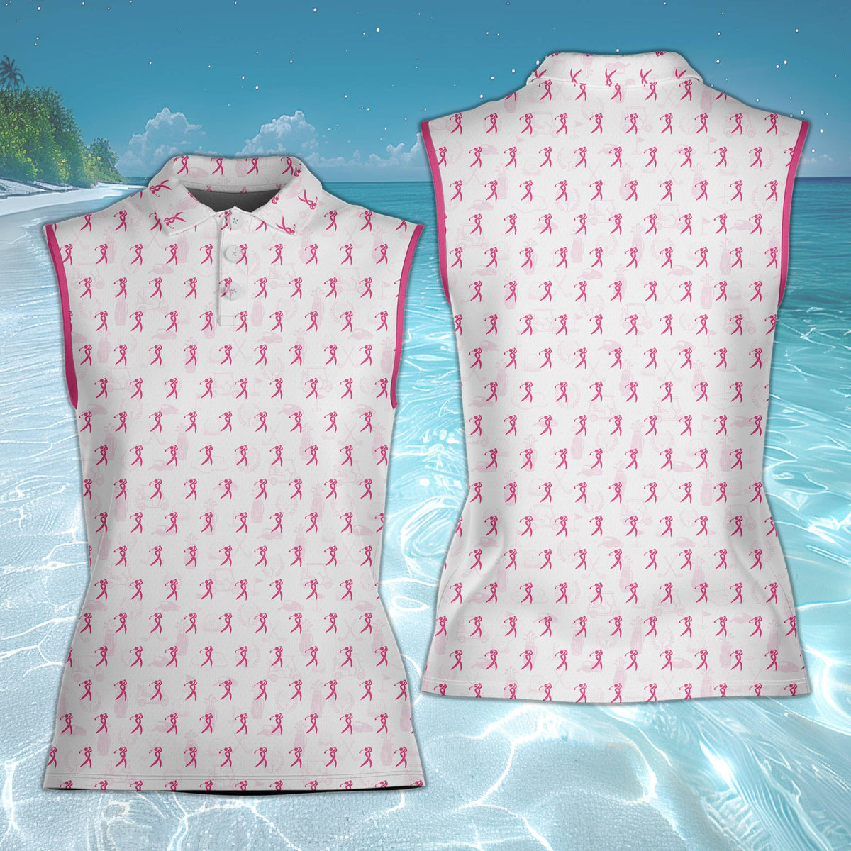 Front view of the white golf polo shirt with pink golfer design and faint golf cart details