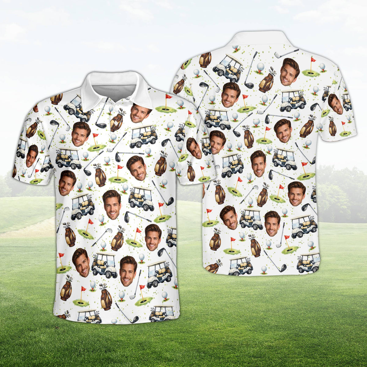 Front view of a white personalized golf polo shirt with custom face and golf pattern