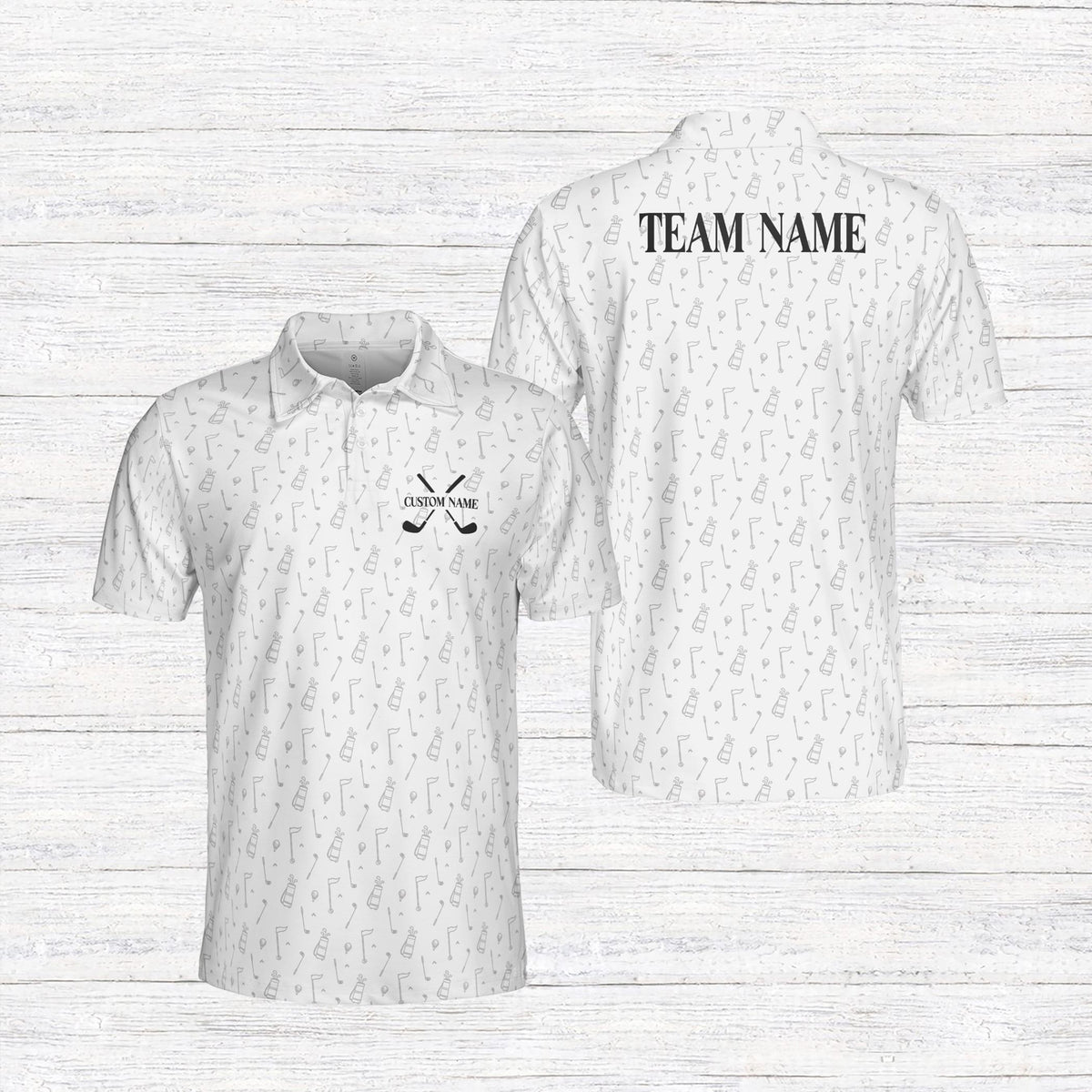 Personalized white long sleeve polo shirt golf design with custom name and crossed clubs, front view