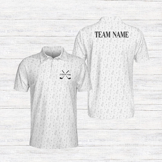 Personalized white long sleeve polo shirt golf design with custom name and crossed clubs, front view