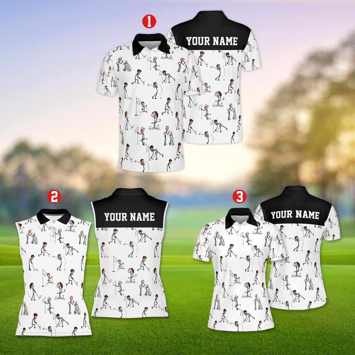 Close up of white photo polo shirt with golf stick figures swinging clubs, front view