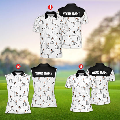 Close up of white photo polo shirt with golf stick figures swinging clubs, front view