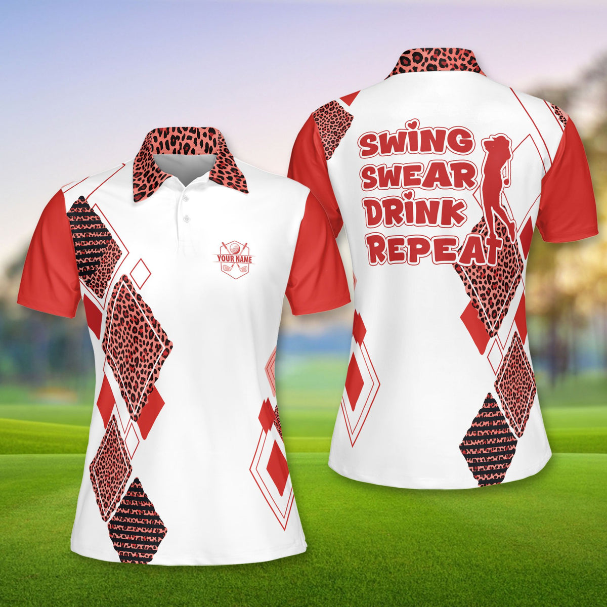 Front view of white golf polo shirt with geometric design and crossed clubs logo