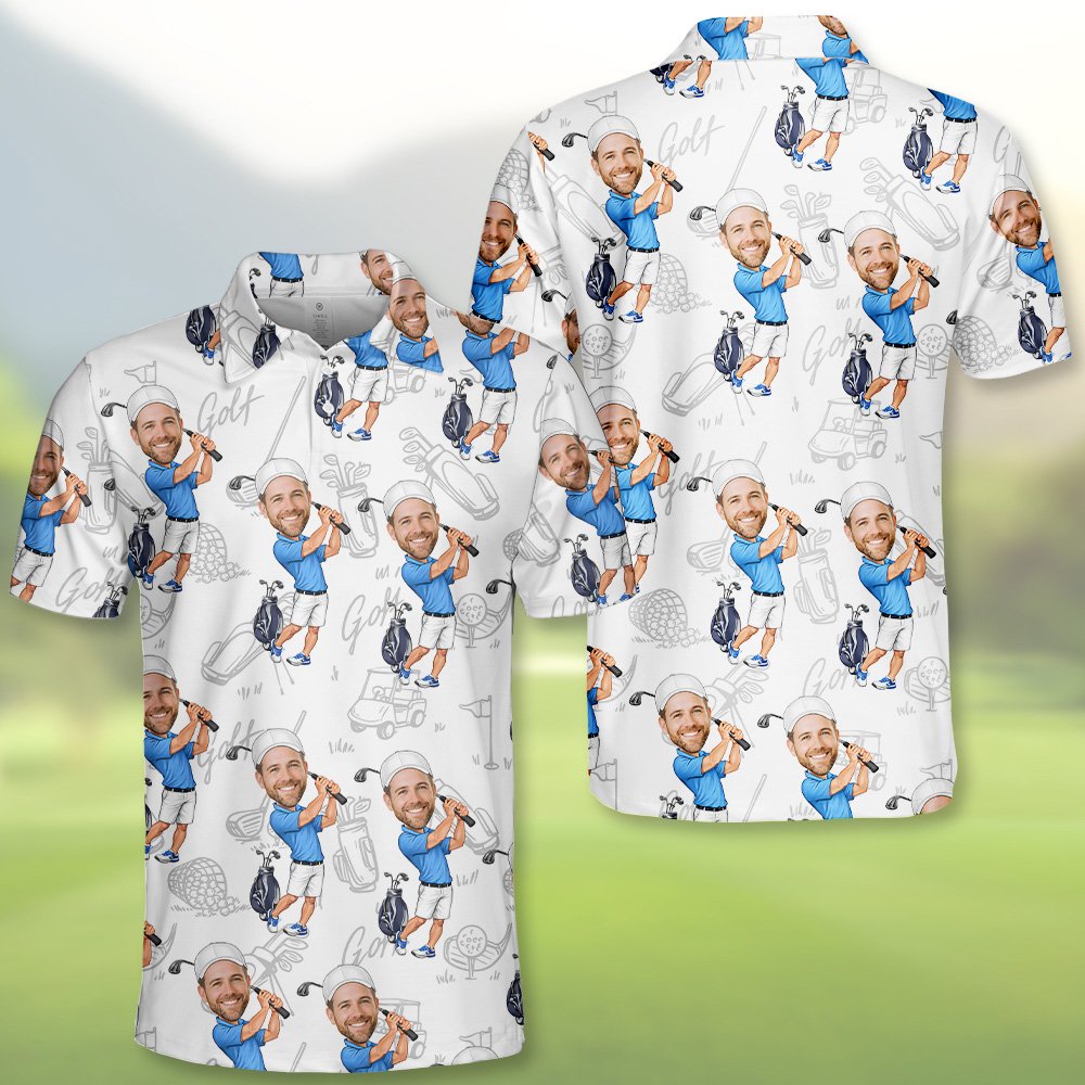 Alternate front view of the white and blue personalized polo shirt