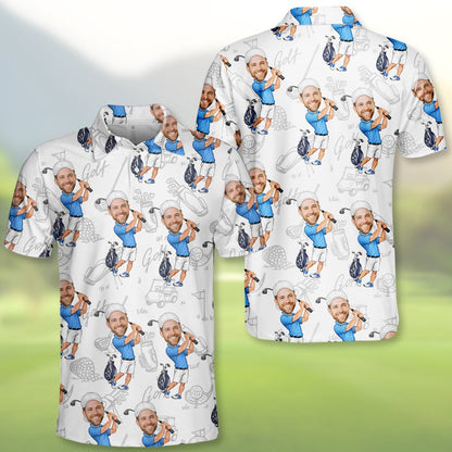 Alternate front view of the white and blue personalized polo shirt