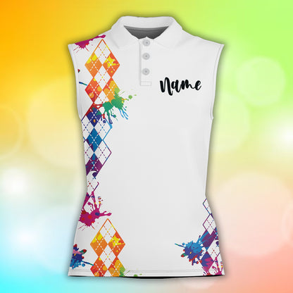 Alternate front angle of the white golf polo shirt with custom name