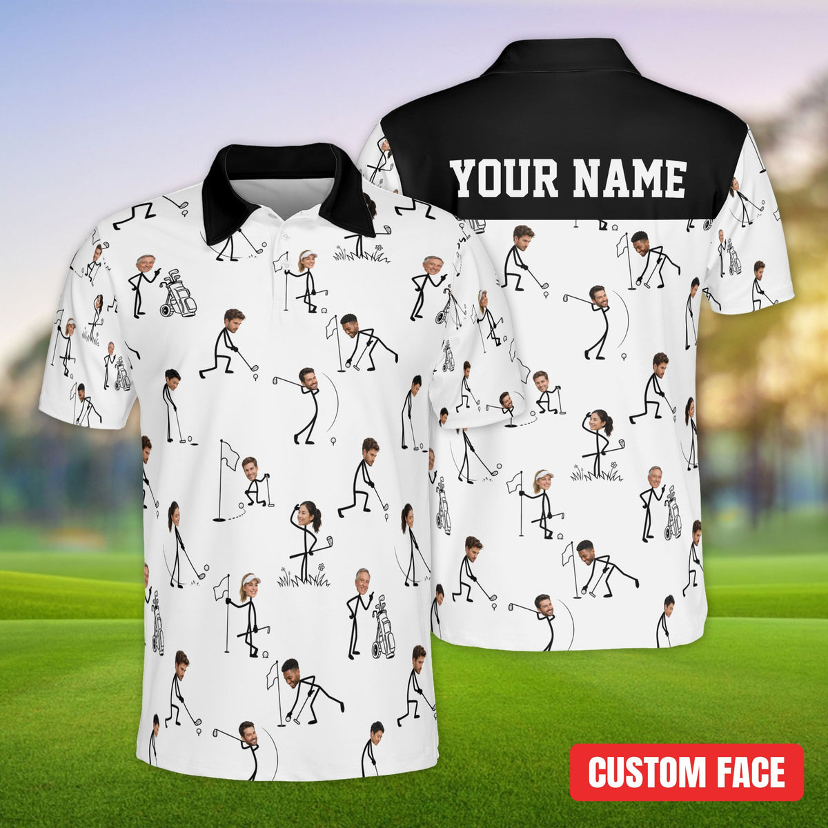 Personalized white polo shirt with custom photo faces on golf stick figures and custom name space, front view