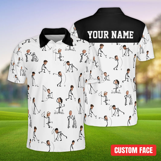 Personalized white polo shirt with custom photo faces on golf stick figures and custom name space, front view