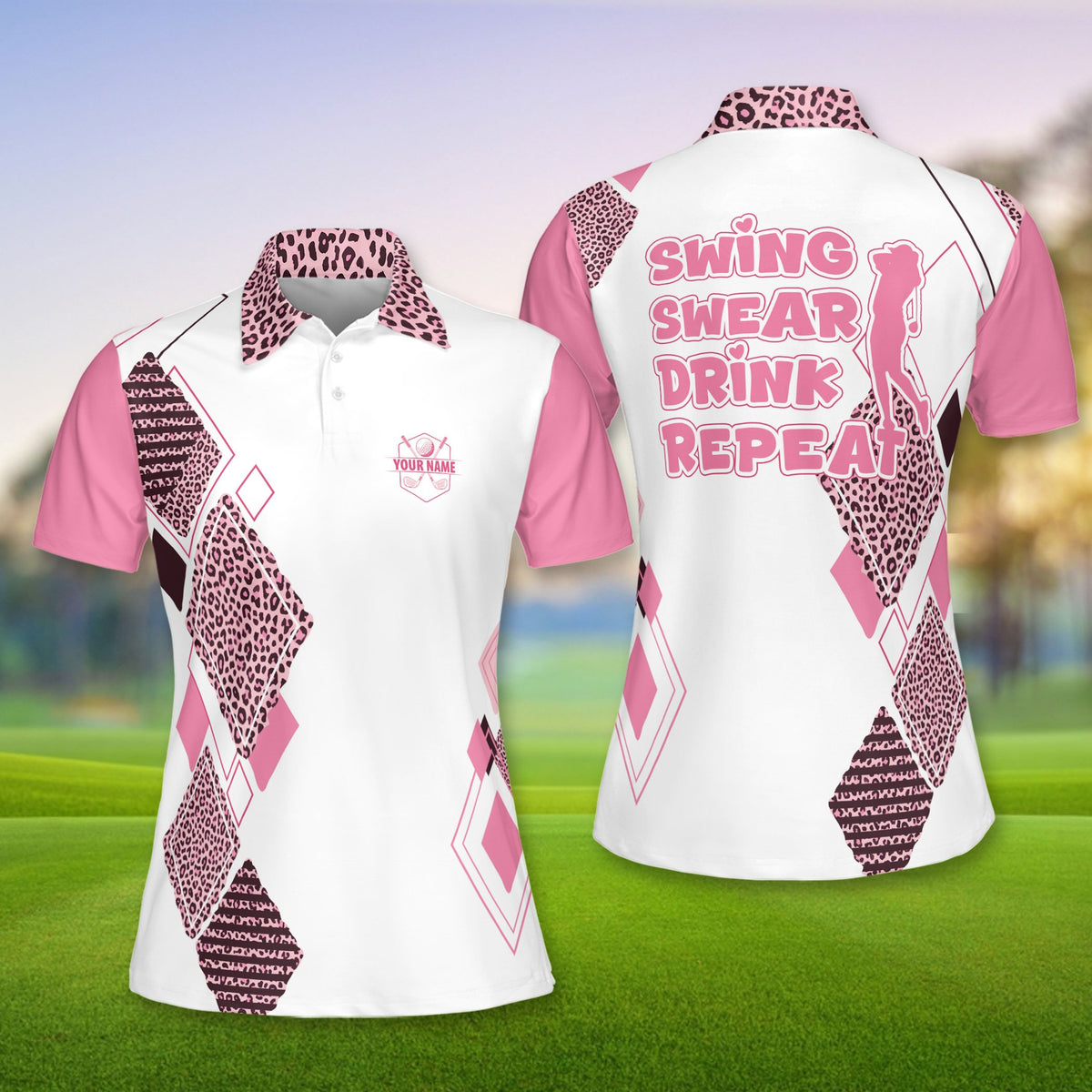 Main view of personalized white geometric polo shirt with leopard diamond pattern and custom name