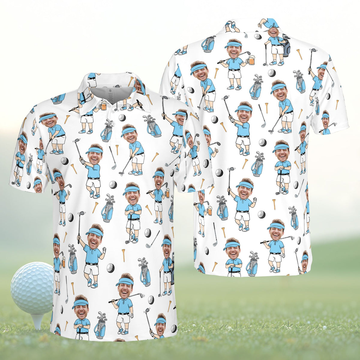 Personalized golf polo shirt with custom name and number in white, featuring cartoon golfer face pattern, front view