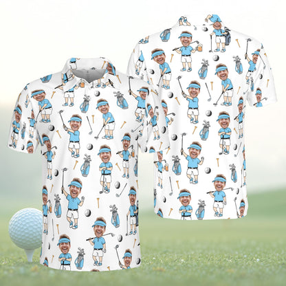 Personalized golf polo shirt with custom name and number in white, featuring cartoon golfer face pattern, front view