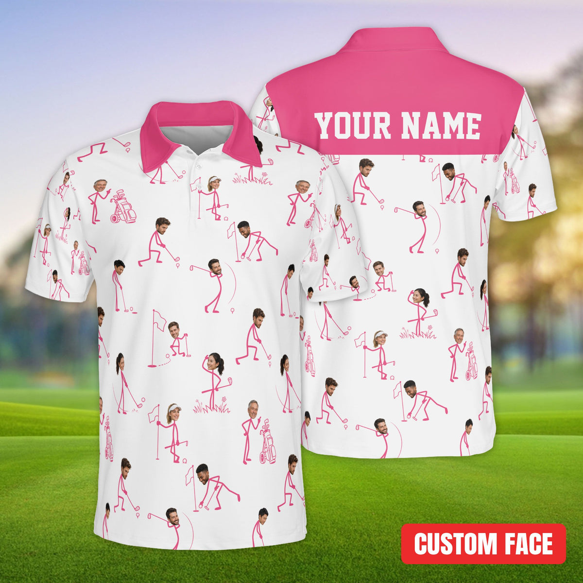 White personalized polo shirt with funny custom photo golf theme, front view