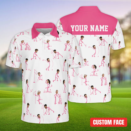White personalized polo shirt with funny custom photo golf theme, front view