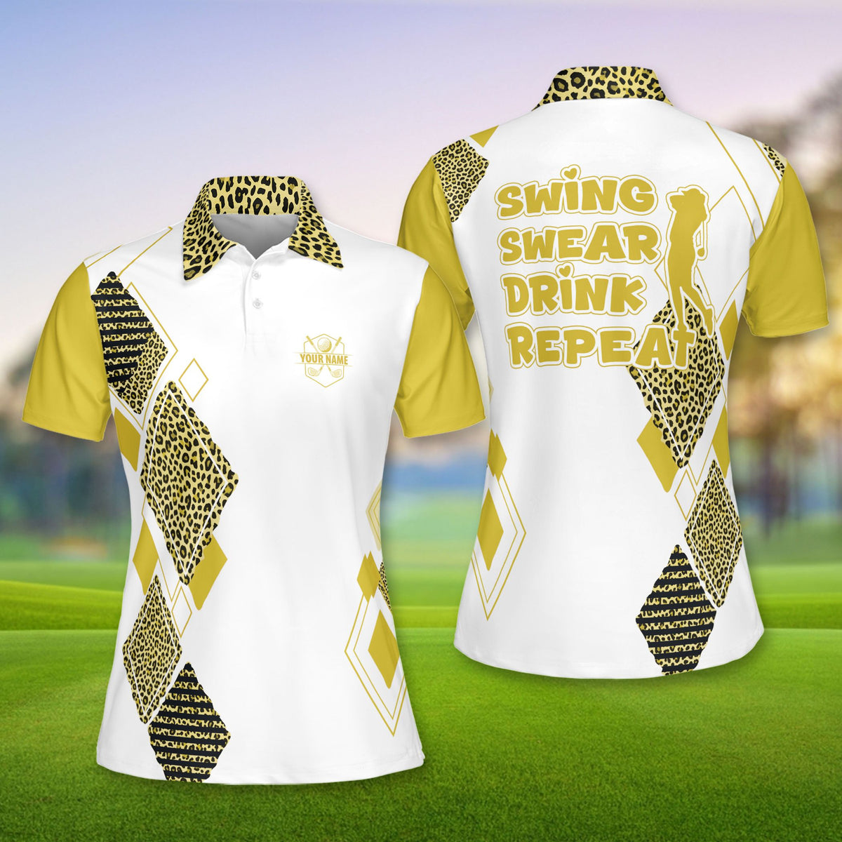 Front view of customized white polo shirt displaying golf graphics