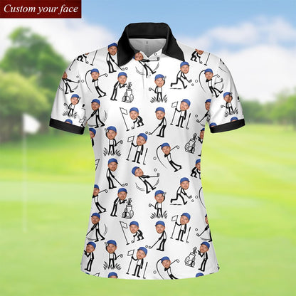 Front view of personalized white and blue polo shirt