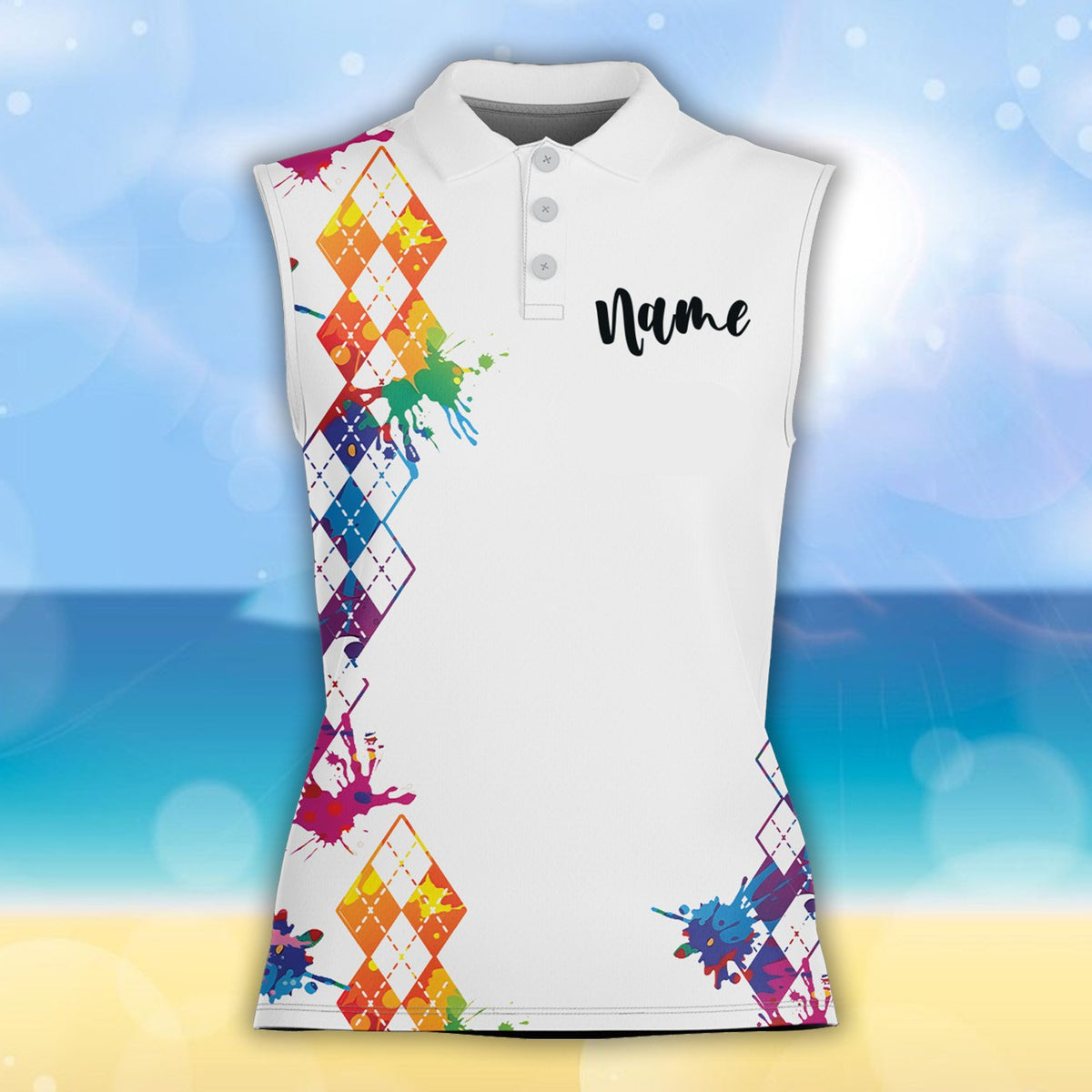 Detail view of the personalized polo shirt showing the argyle sleeve