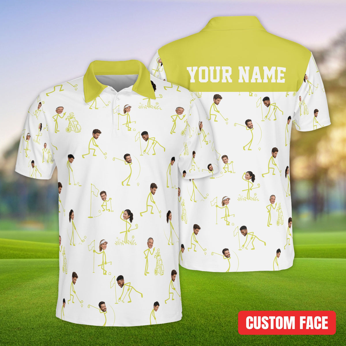 White golf polo shirt custom name design showing stick figures near a flag, front view