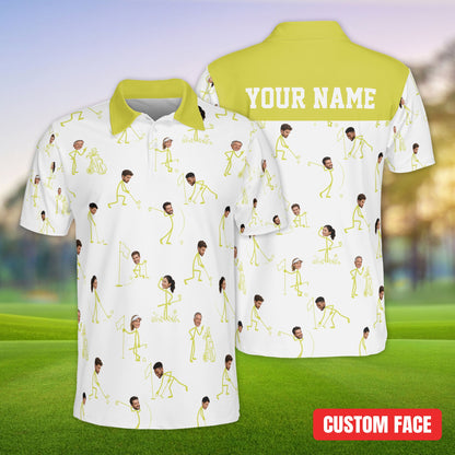 White golf polo shirt custom name design showing stick figures near a flag, front view