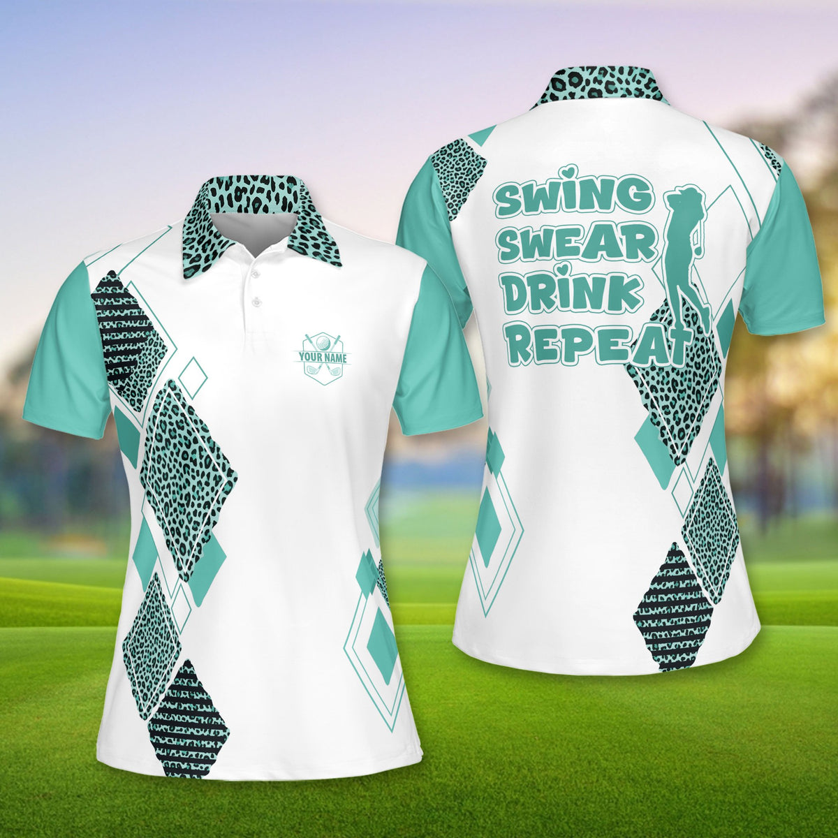 Front view of custom name polo shirt with leopard print diamonds