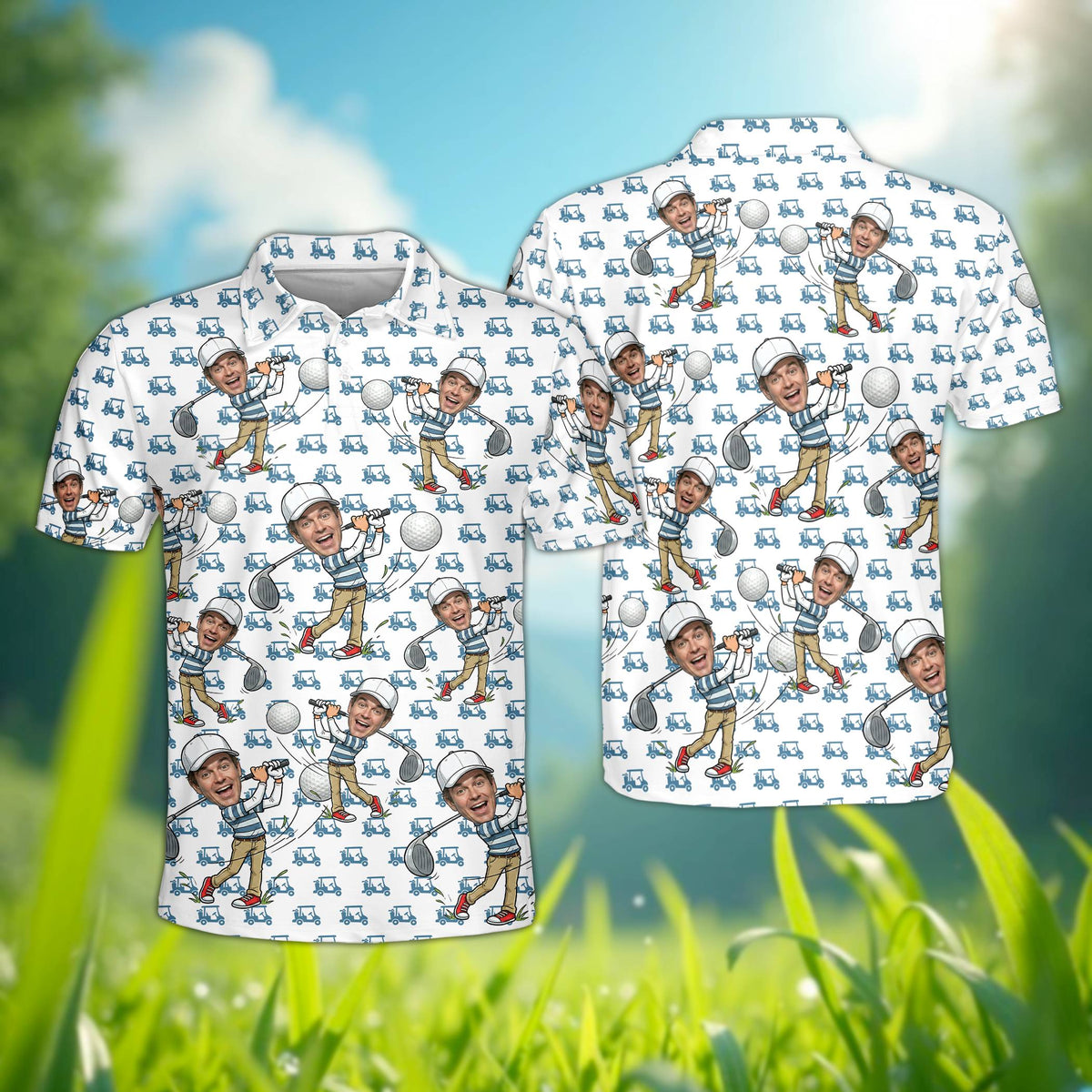 Front view of custom polo shirt in white