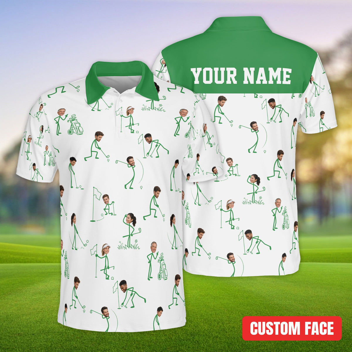 Detail view of white personalized golf polo shirt with custom photo faces, front view