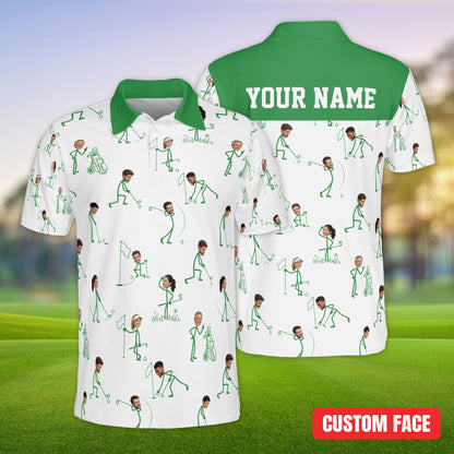 Detail view of white personalized golf polo shirt with custom photo faces, front view