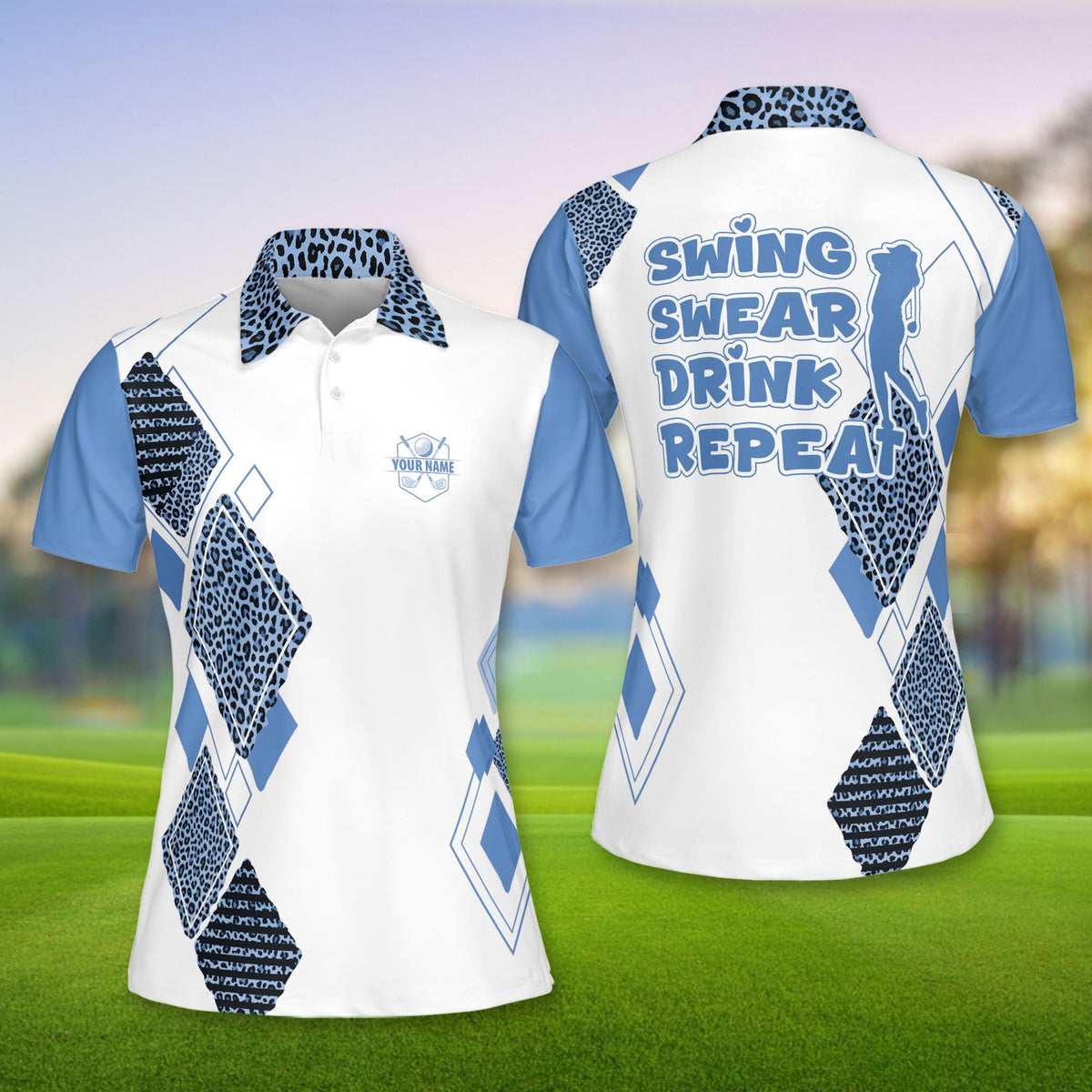 Front view of personalized white geometric polo shirt