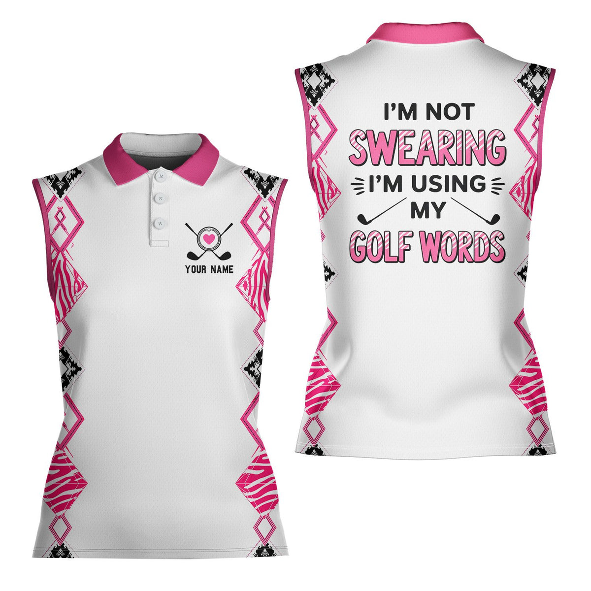 Full front view of the white personalized polo shirt on model