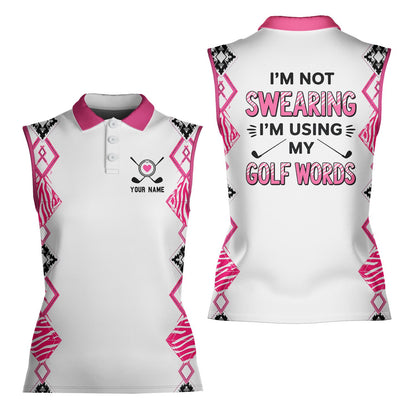 Full front view of the white personalized polo shirt on model