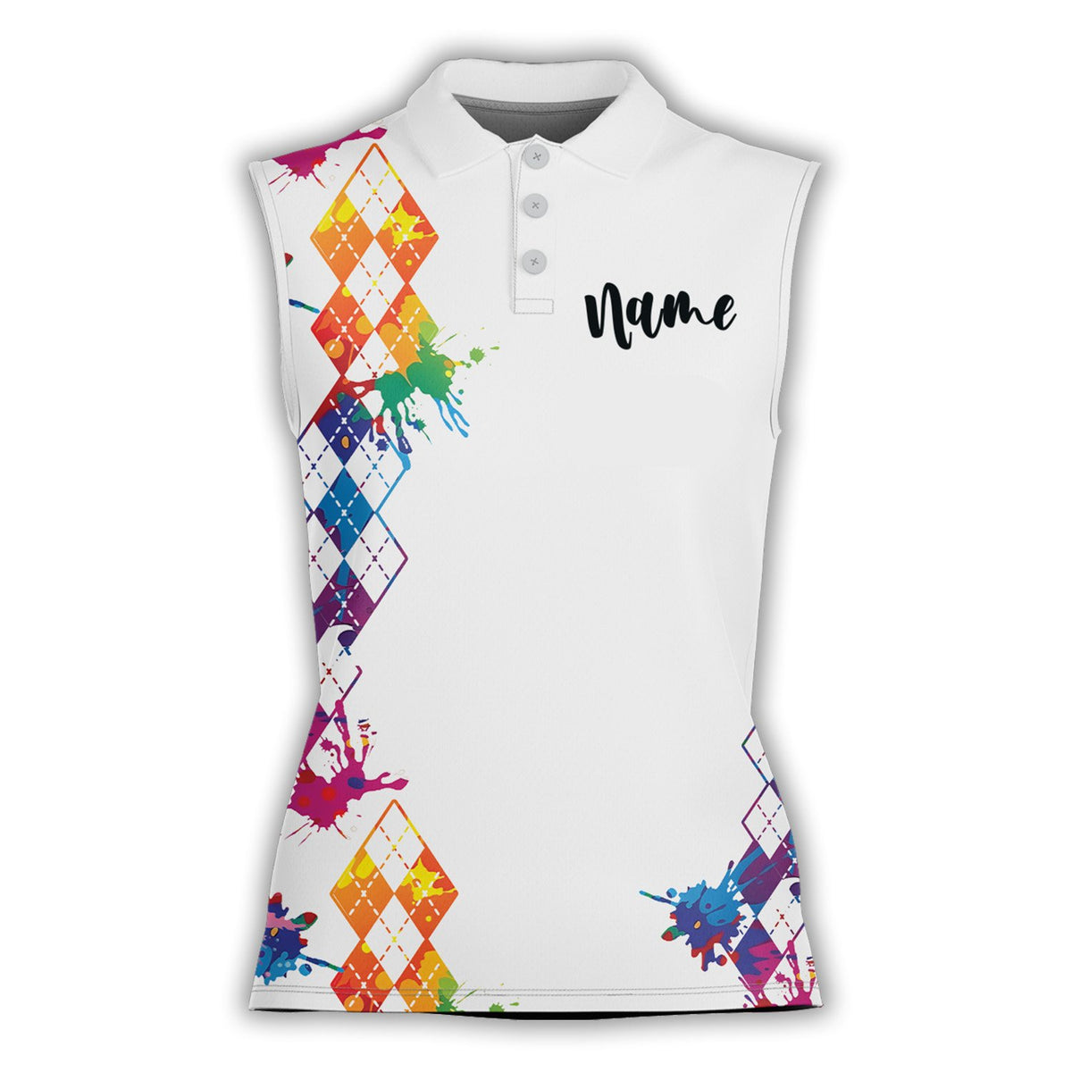 Close up front view of the geometric polo shirt design