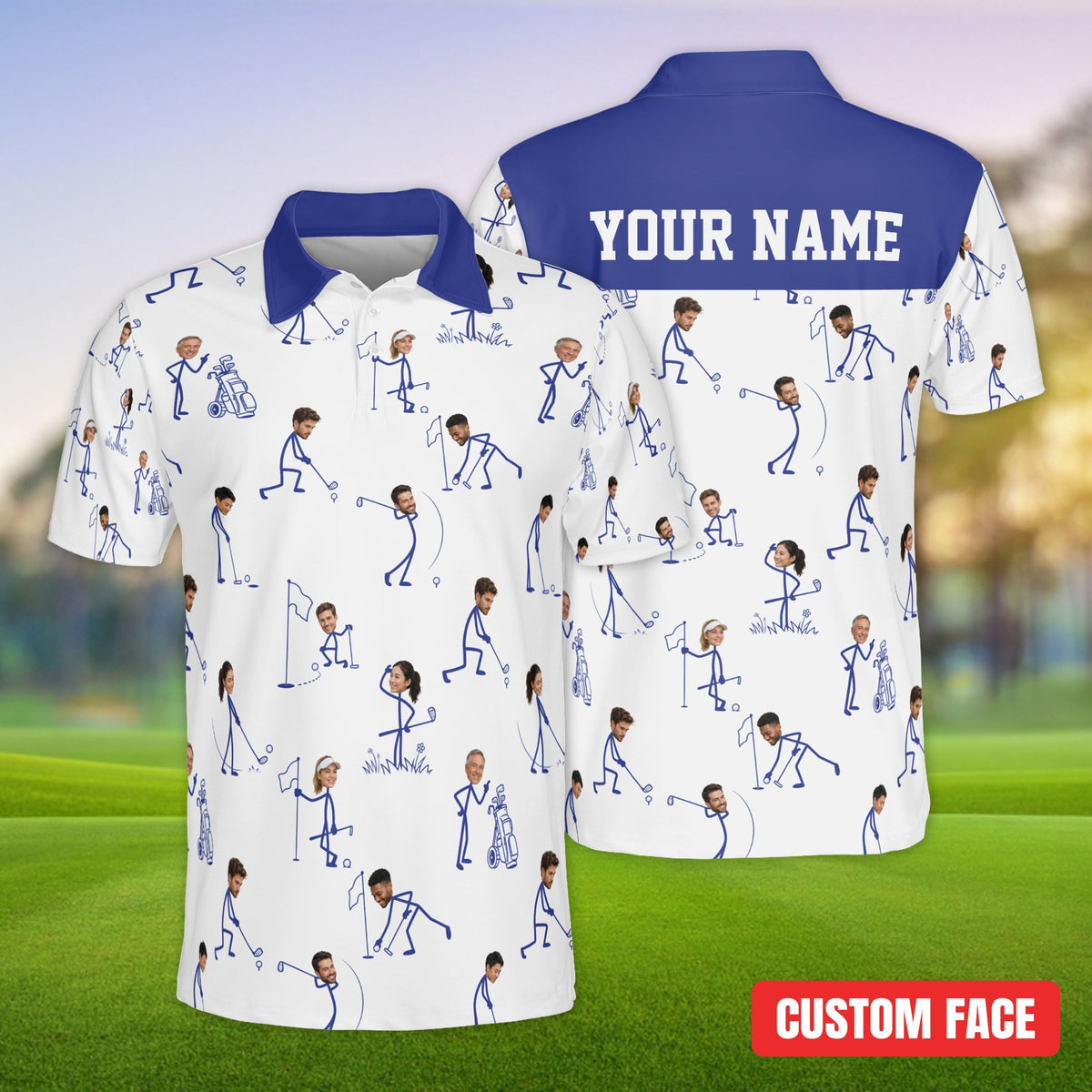 White custom polo shirt featuring golf stick figures, front view