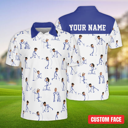 White custom polo shirt featuring golf stick figures, front view