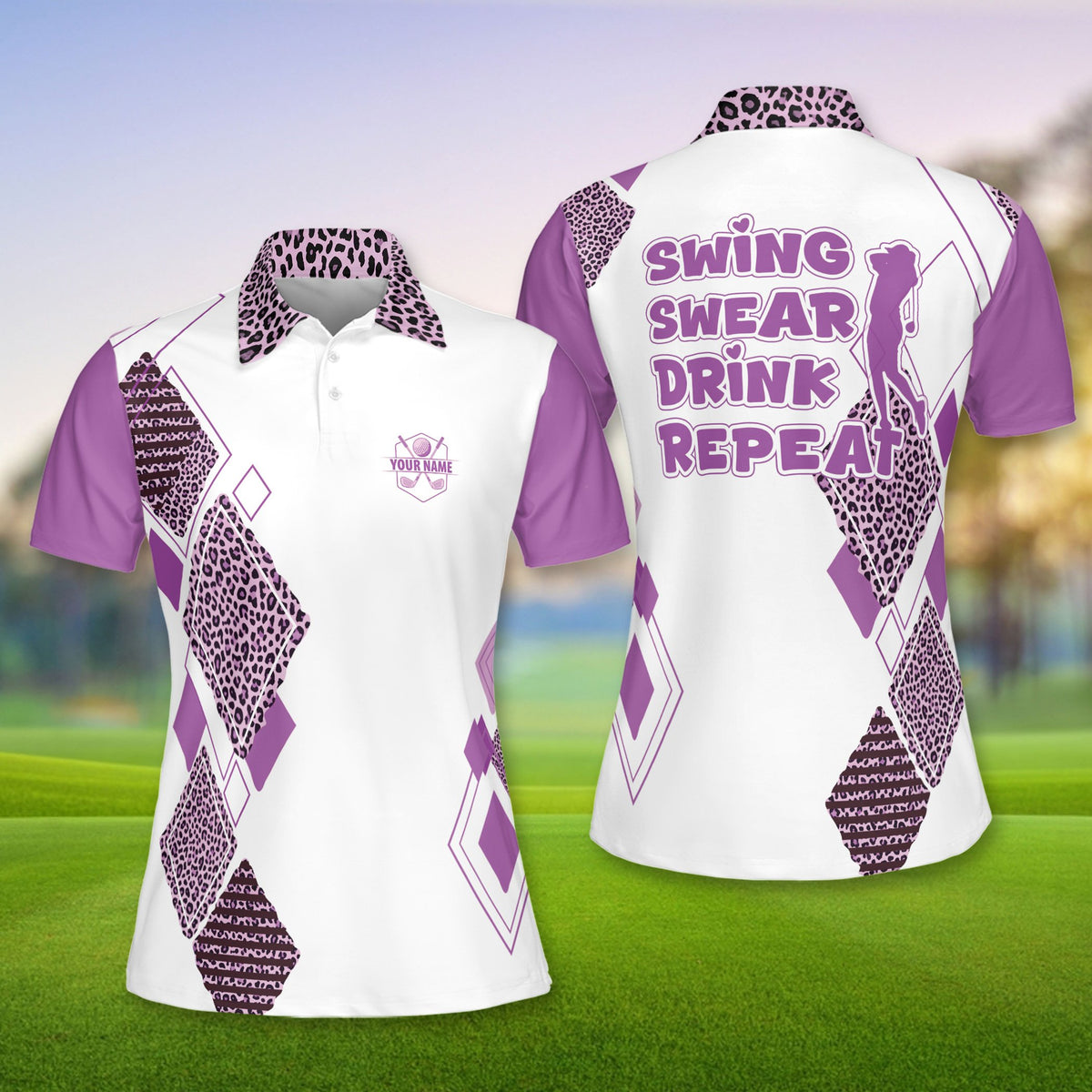 Front view of personalized white polo shirt with golf design elements