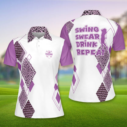 Front view of personalized white polo shirt with golf design elements