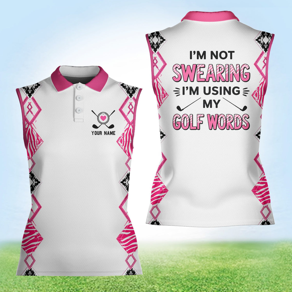 Back view of the golf polo shirt showing humorous text design
