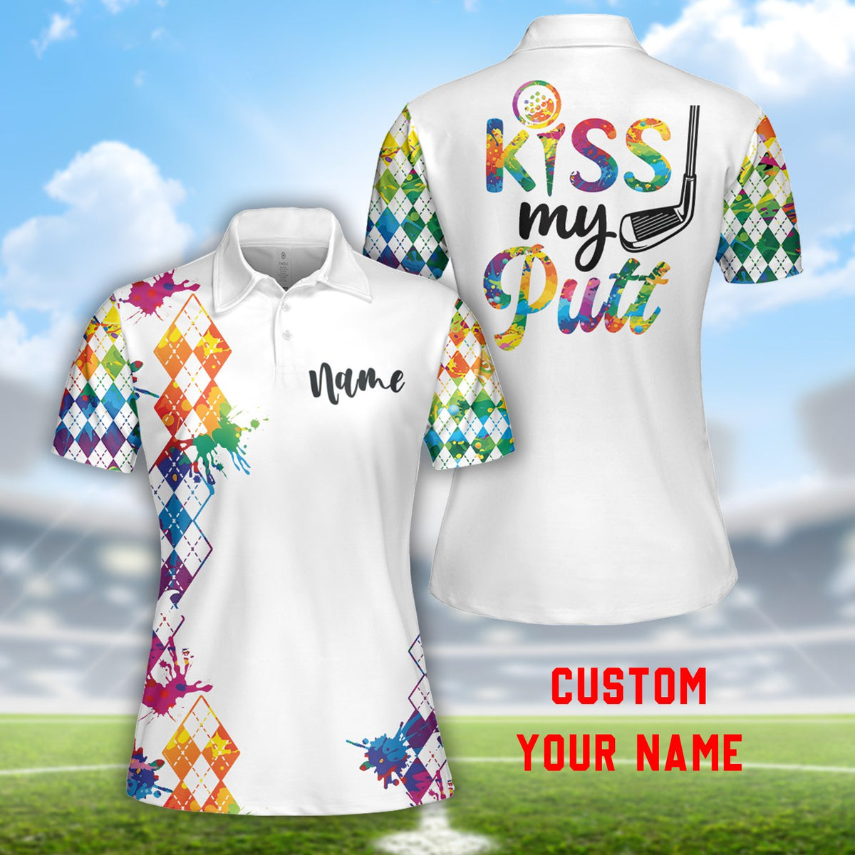 Another front perspective of the personalized golf polo shirt