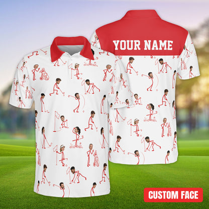 Folded view of personalized white golf polo shirt with custom photo faces
