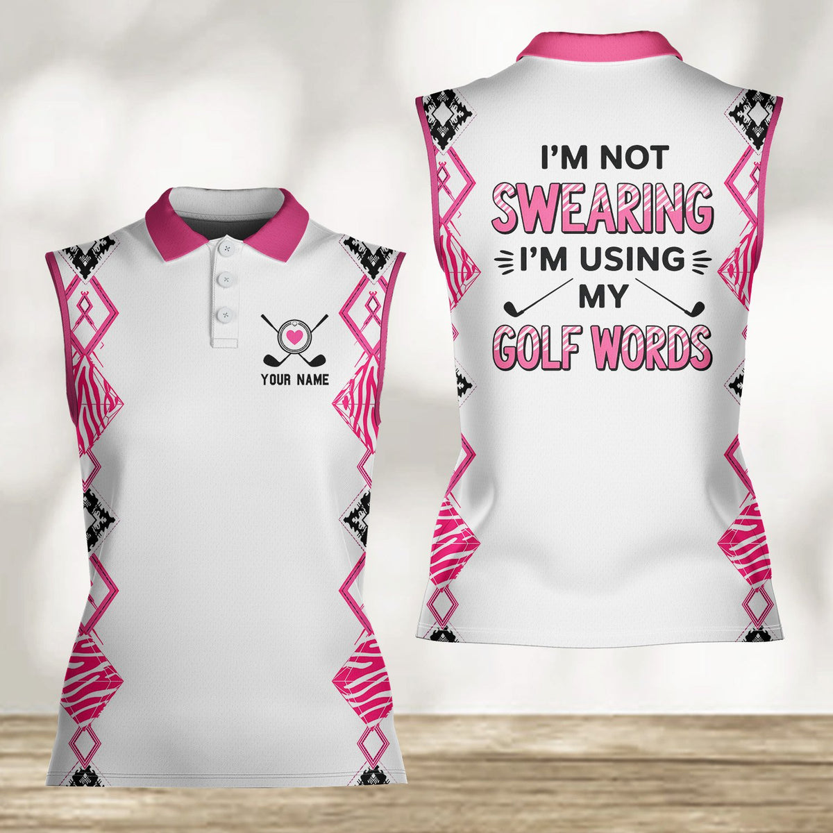 Alternative back view of the sleeveless polo shirt