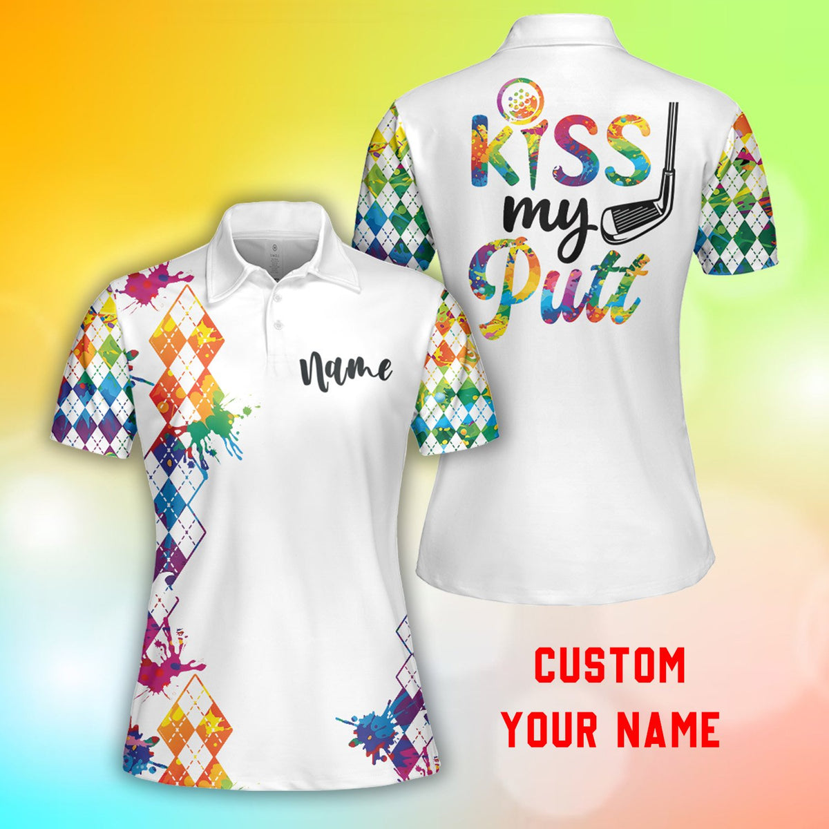 Slight side angle front view of the white golf polo shirt