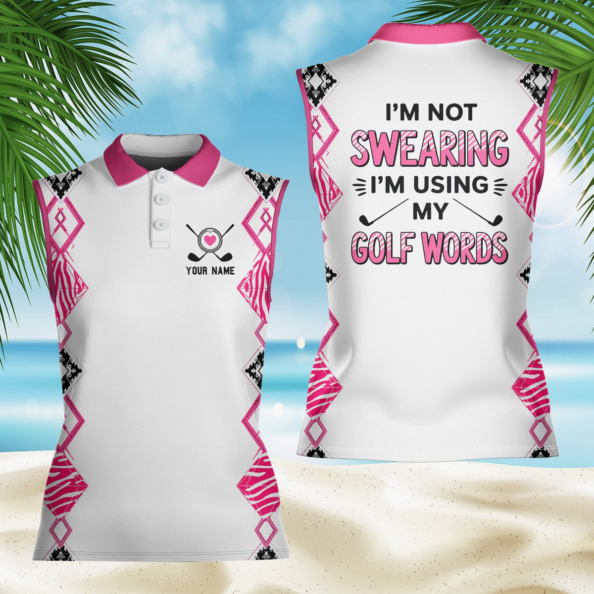 Close up detail of the back text design on the polo shirt