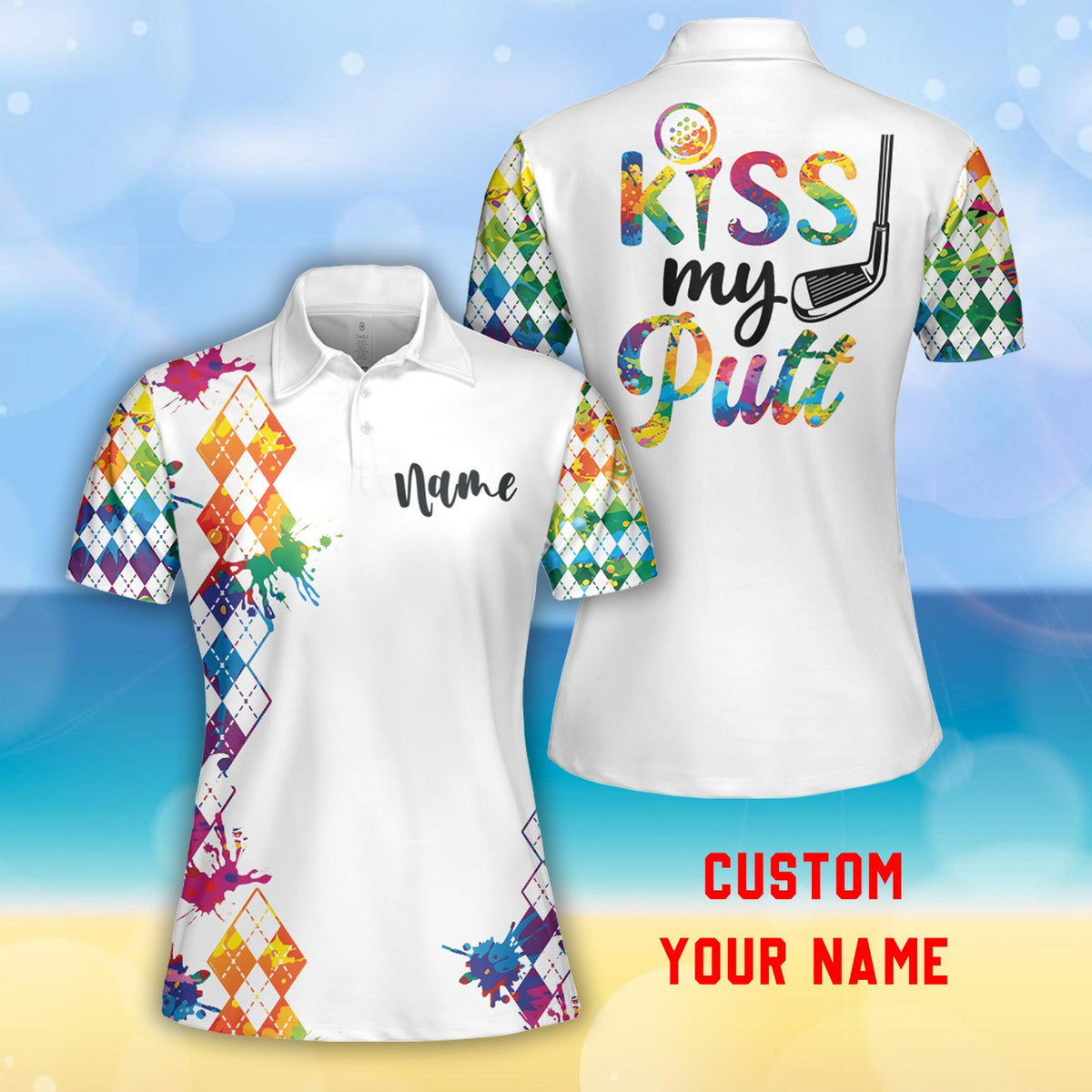 Front centered view highlighting the custom name placement on the polo shirt